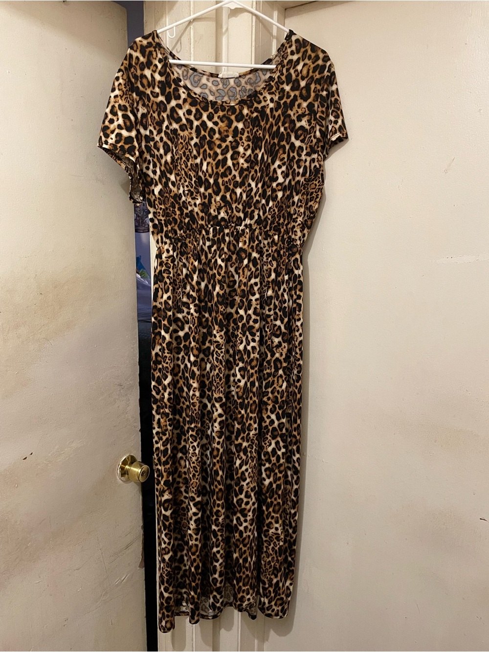 Leopard Print Maxi Dress in Brown - Short Sleeve, Gathered Waist Size XL